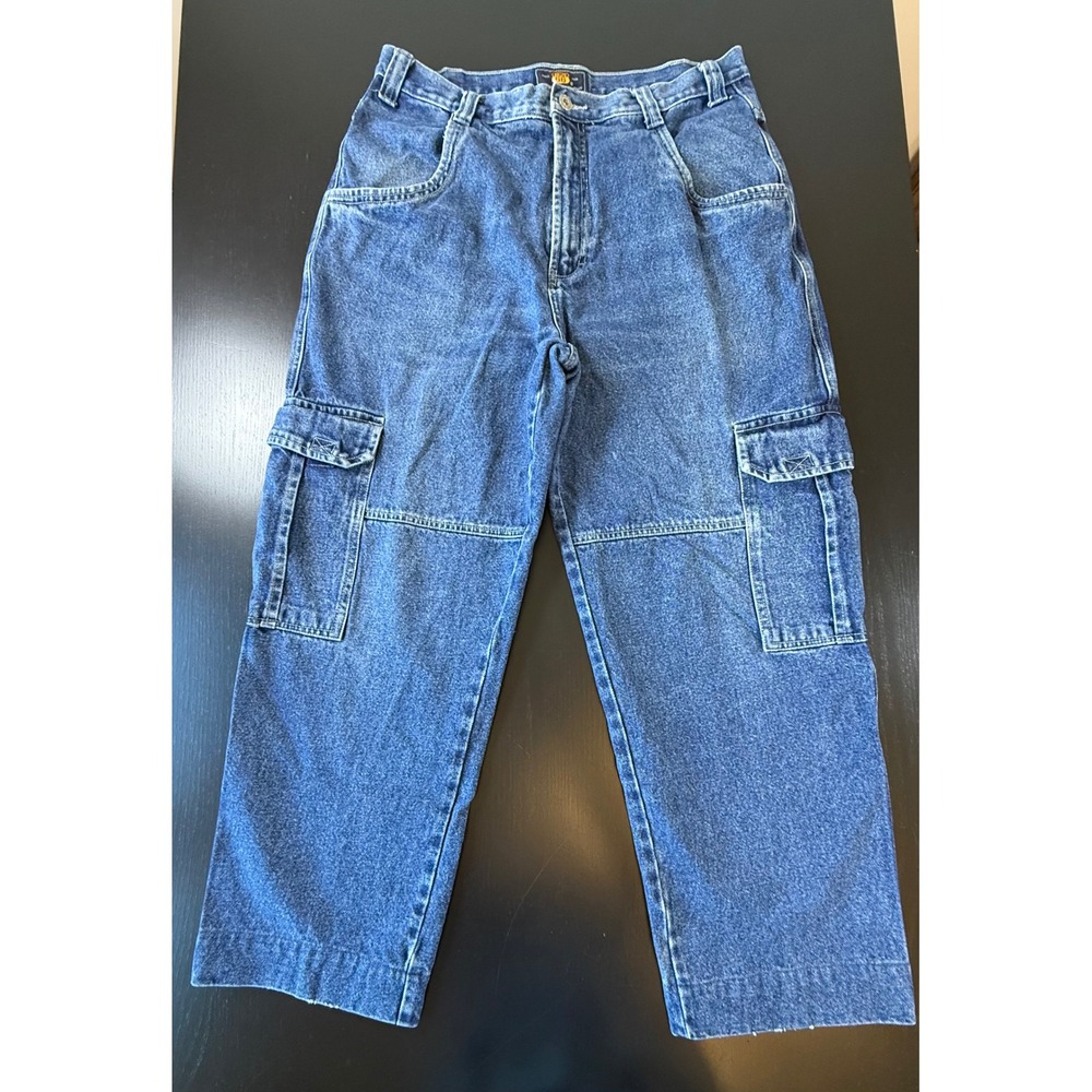 Route 66 Vintage Cargo Jeans Mens 34x28 Blue Denim Wide Leg High Rise Workwear